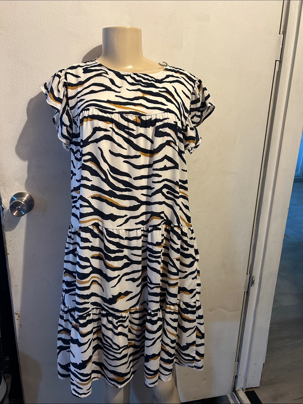 Peach Love California White Zebra-Print Mini Dress with Black & Gold Stripes